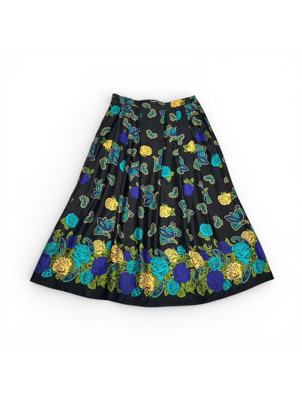 Vintage Chaus Black Floral Midi Skirt with Colorful Rose and Paisley Print